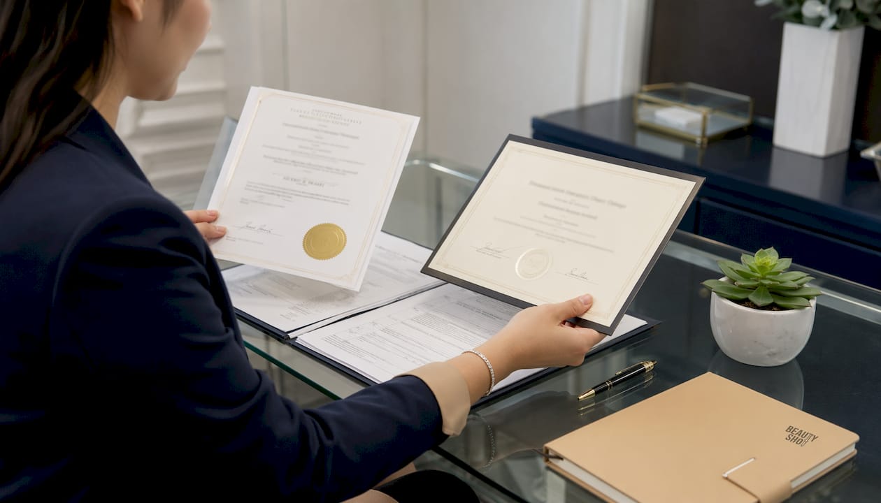 Hands examining medical injector credentials documents