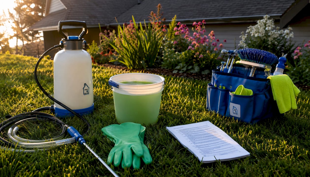 Soft wash cleaning equipment and SDS documents laid out