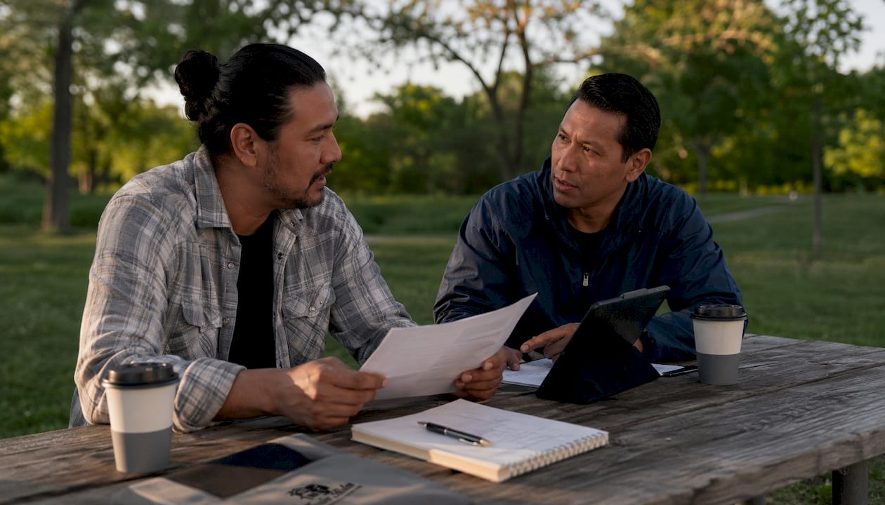 Two men discussing rental income and ownership