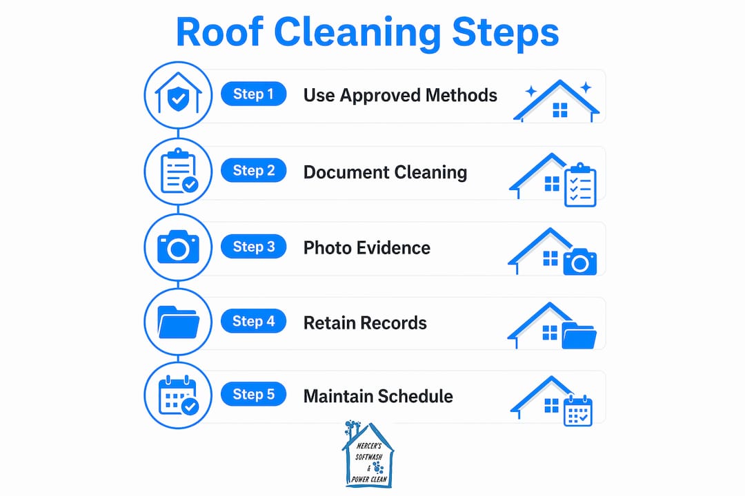 Infographic illustrating roof cleaning process steps for warranty compliance