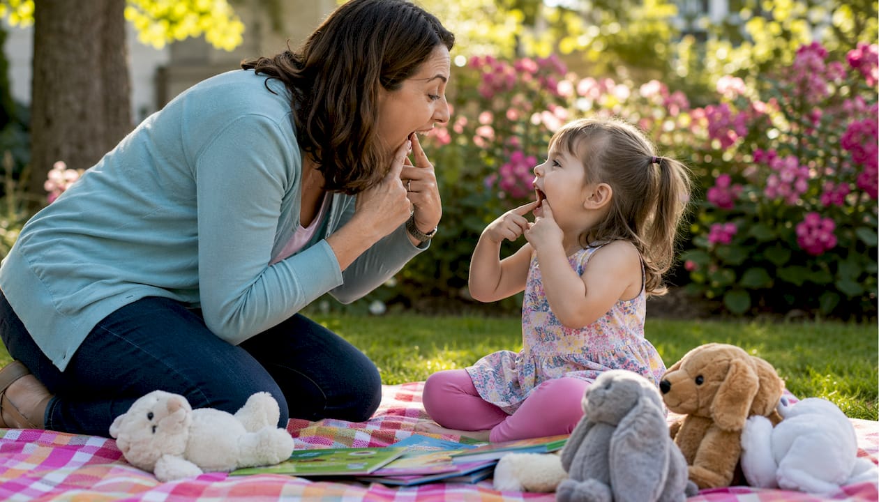 Parent practicing mouth opening game at home