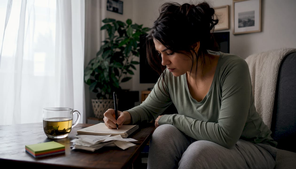 Patient documenting pain levels at home journal