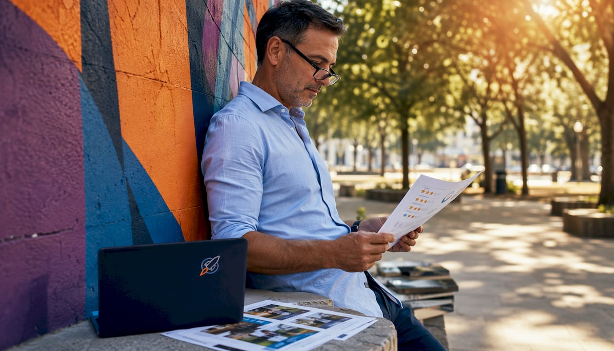 Realtor reviewing client reviews at home office
