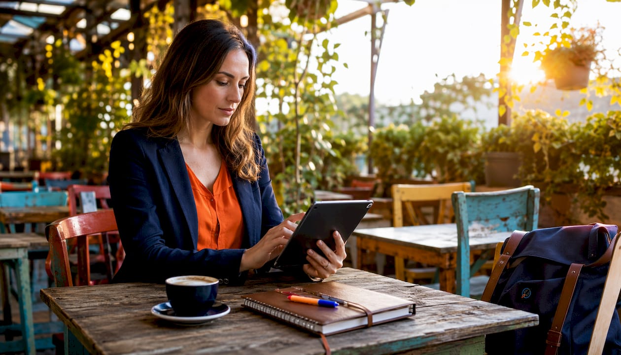Close-up of realtor replying on tablet at cafe
