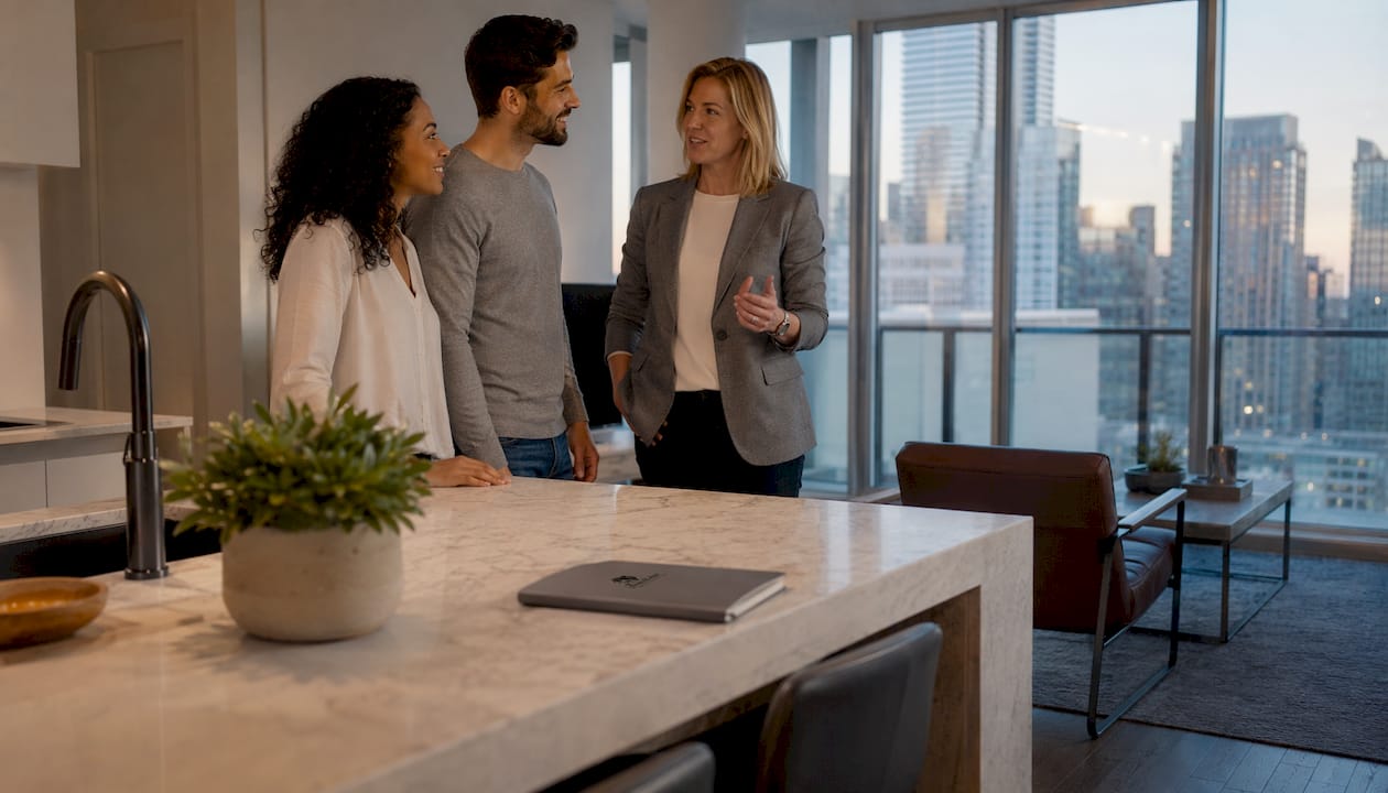 Homebuyers touring modern condo at open house