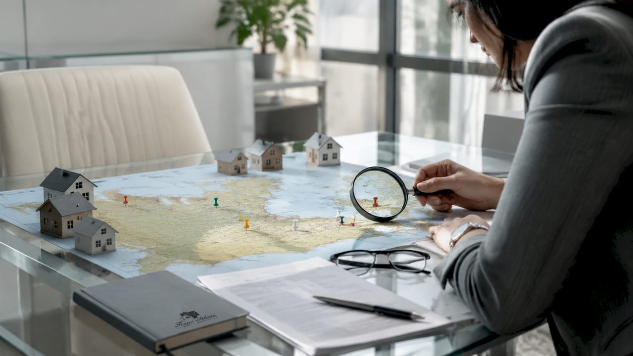 Overhead view of Canadian map with real estate markers