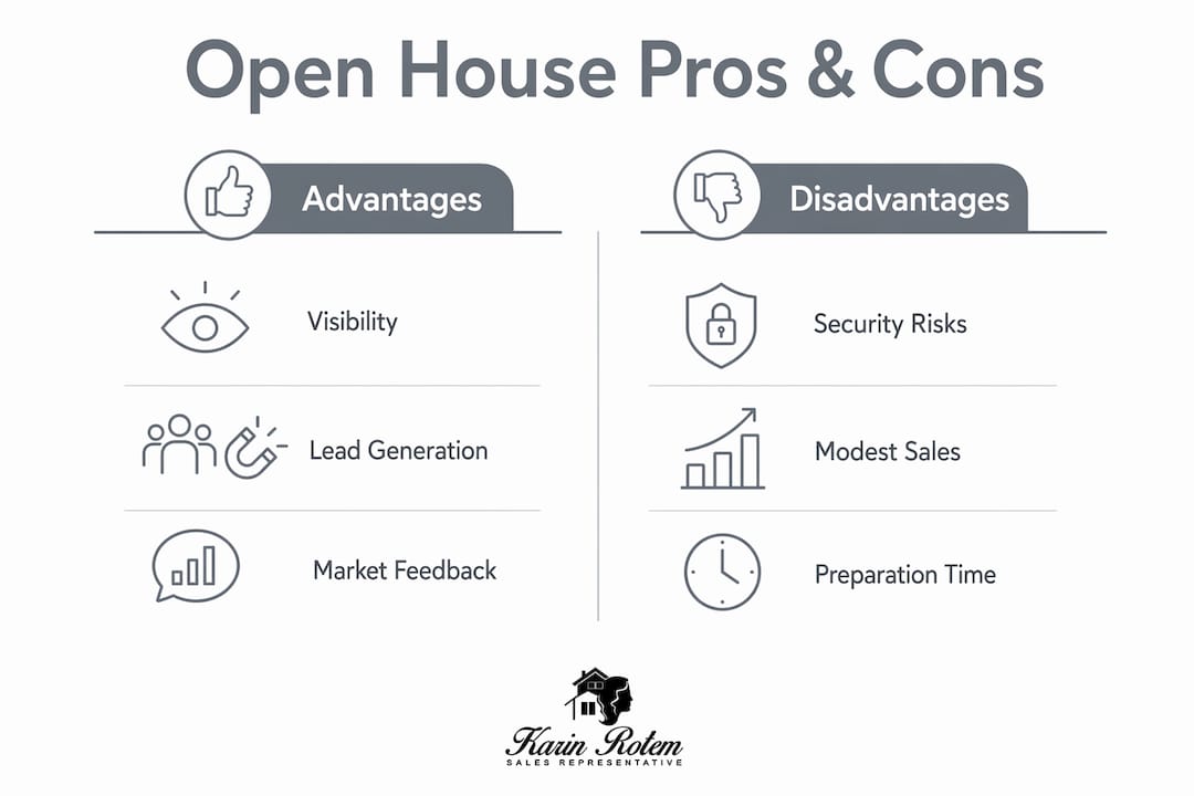 Infographic comparing pros and cons of open houses