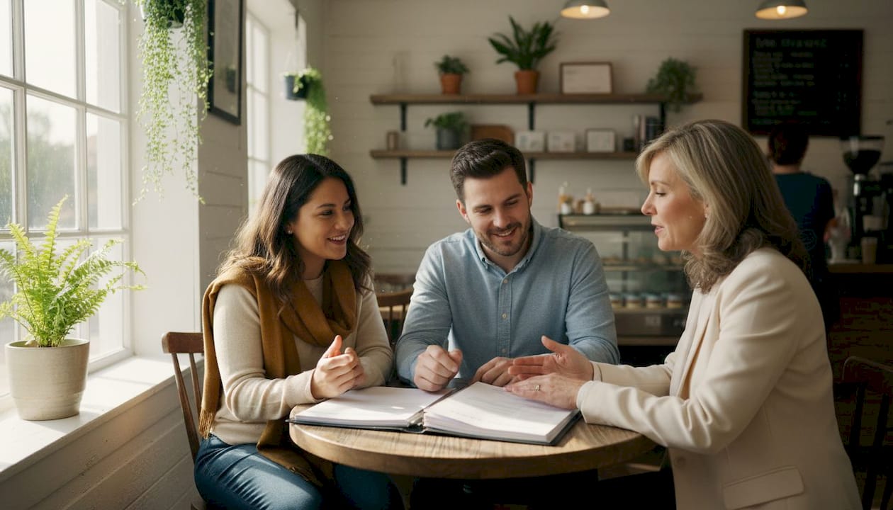 Couple discussing closing costs with realtor at office