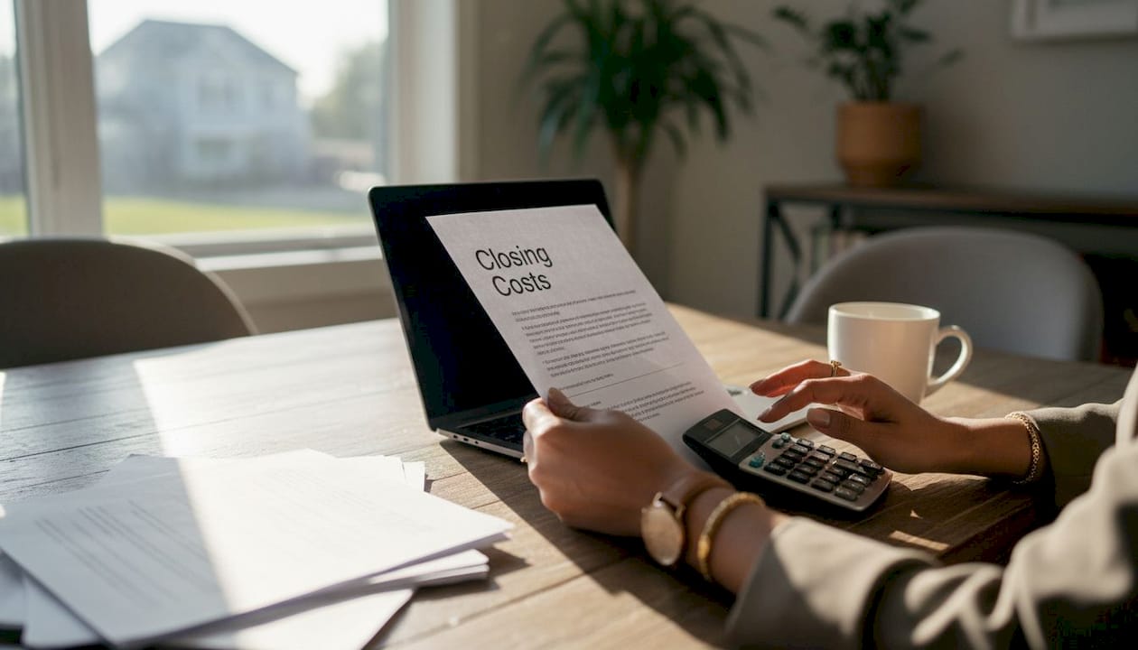 Close-up hands marking closing cost checklist at desk
