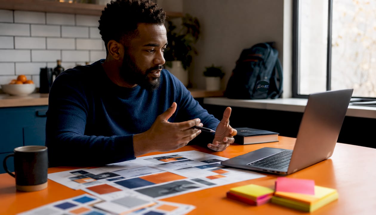 Designer arranging landing page layouts at office table