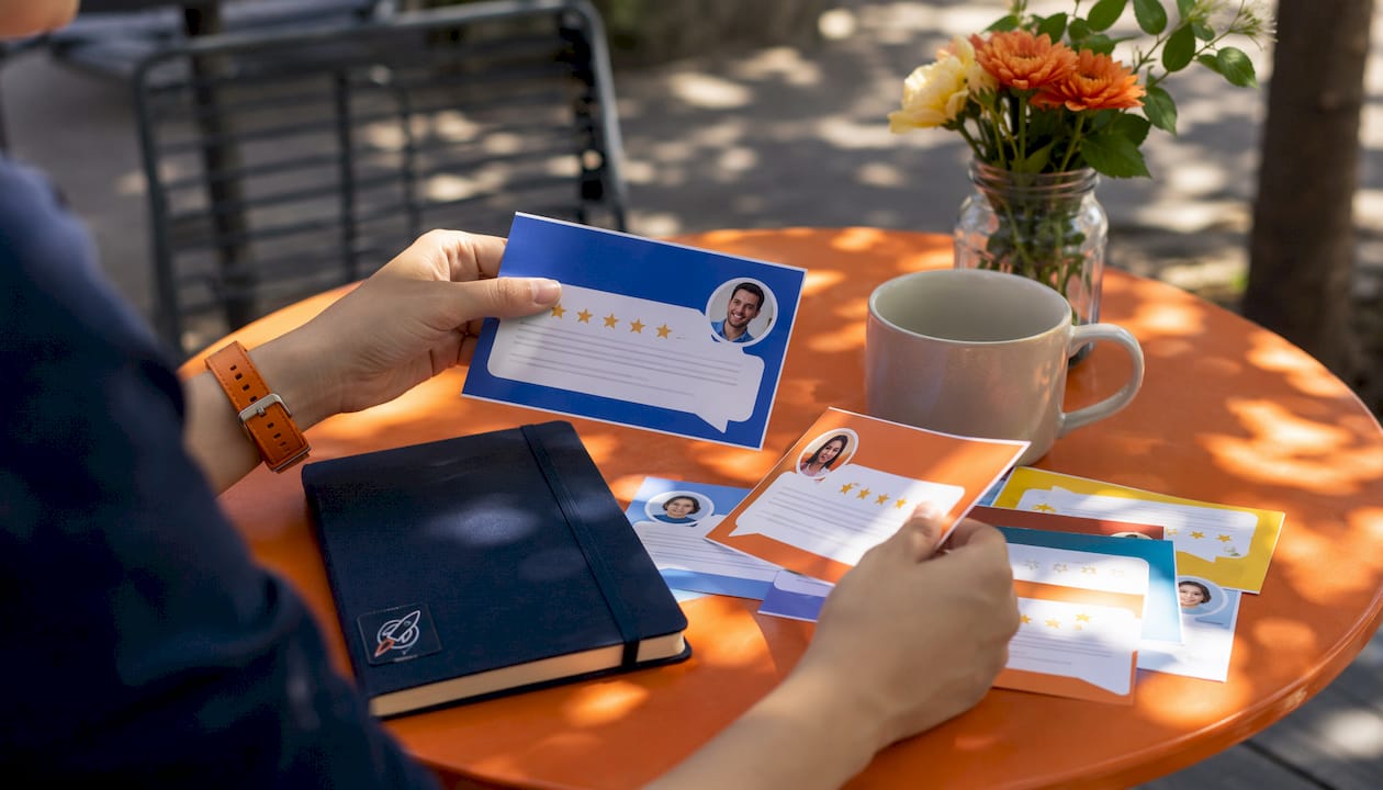 Hands holding printed testimonials and star ratings