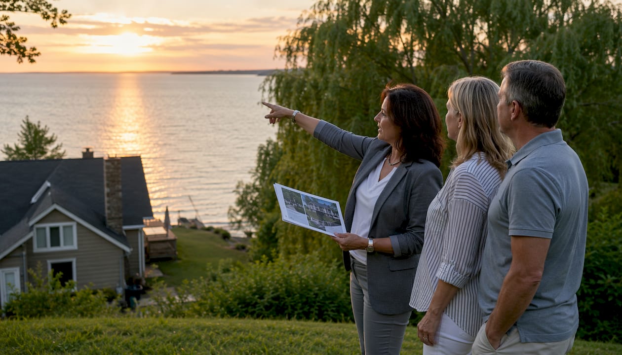 Real estate agent showing Innisfil waterfront home outdoors