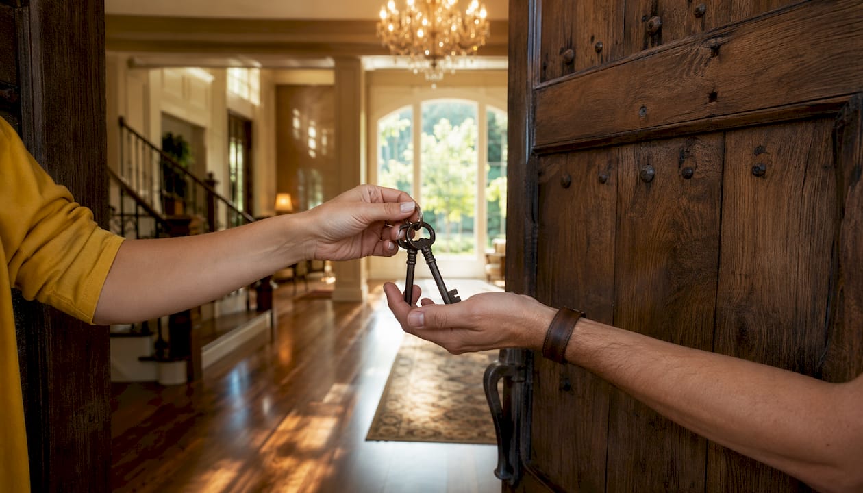 Exchanging keys near wine cellar door