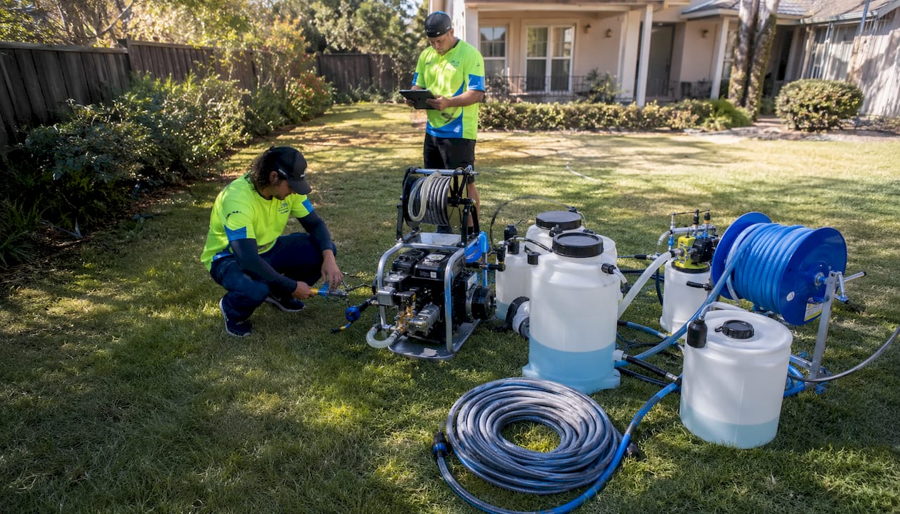 Professional team preparing washing equipment outdoors