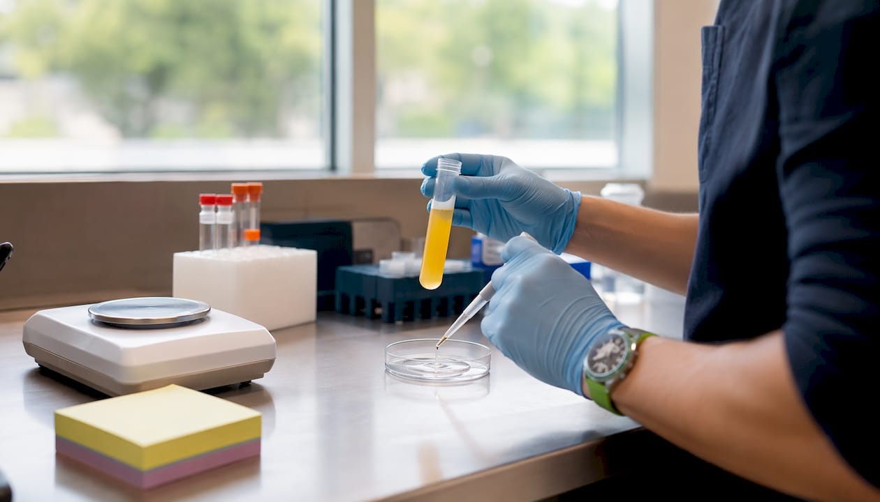Hands preparing and activating PRP in lab
