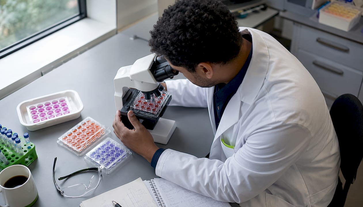 Researcher studying cell cultures for healing
