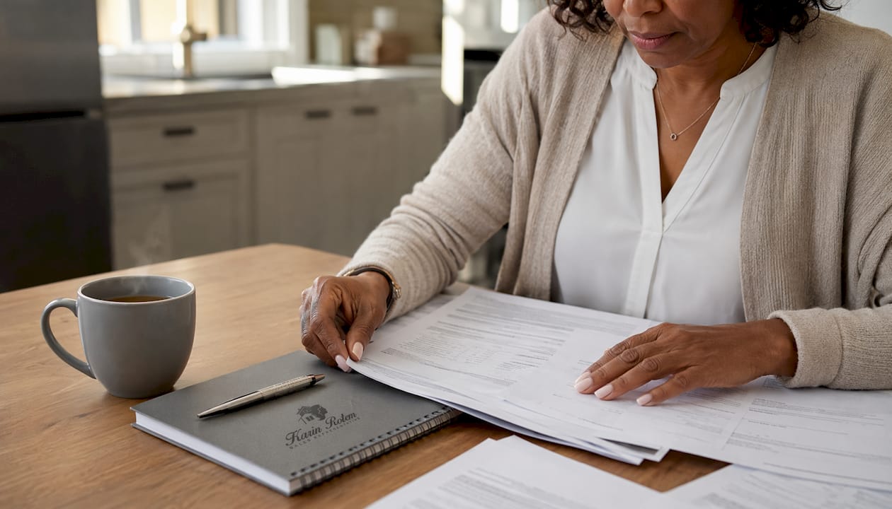 Hands sorting mortgage documents with calculator