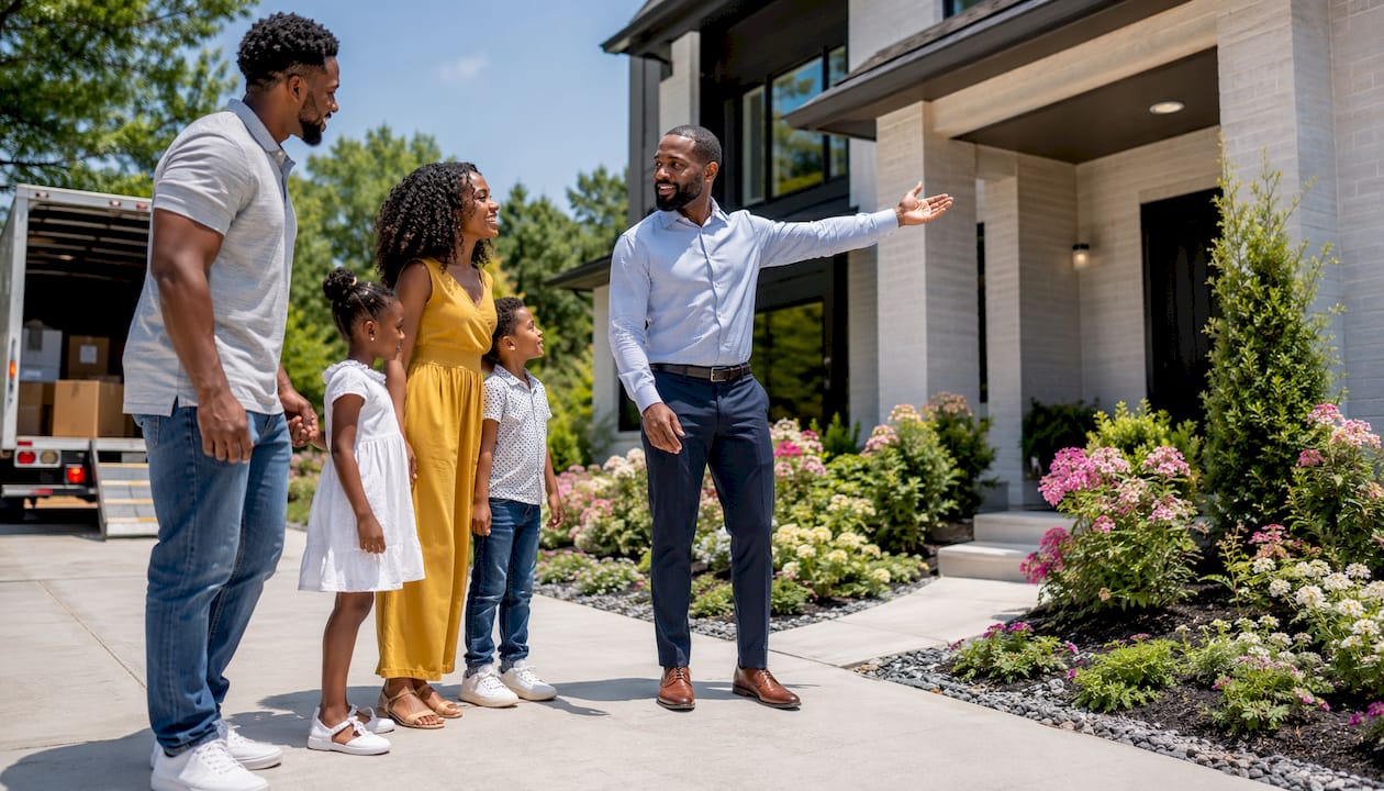 Family discussing home with local buyer agent outside