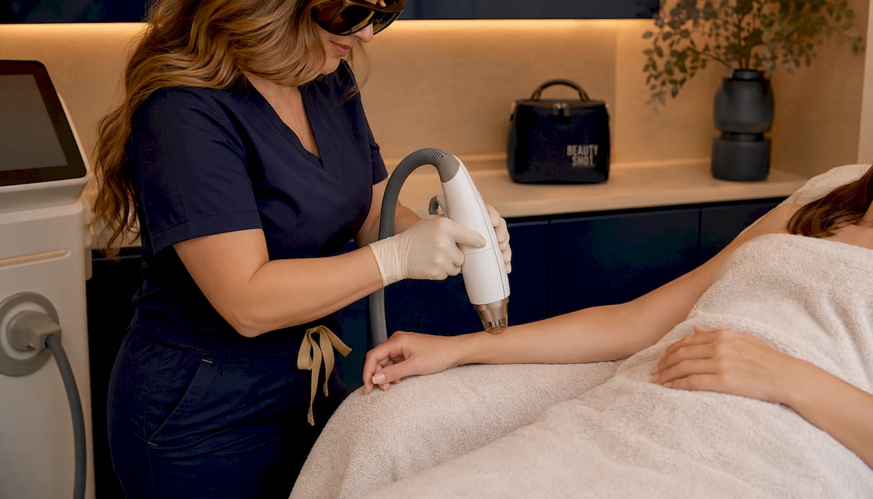 Clinician performing laser hair removal procedure