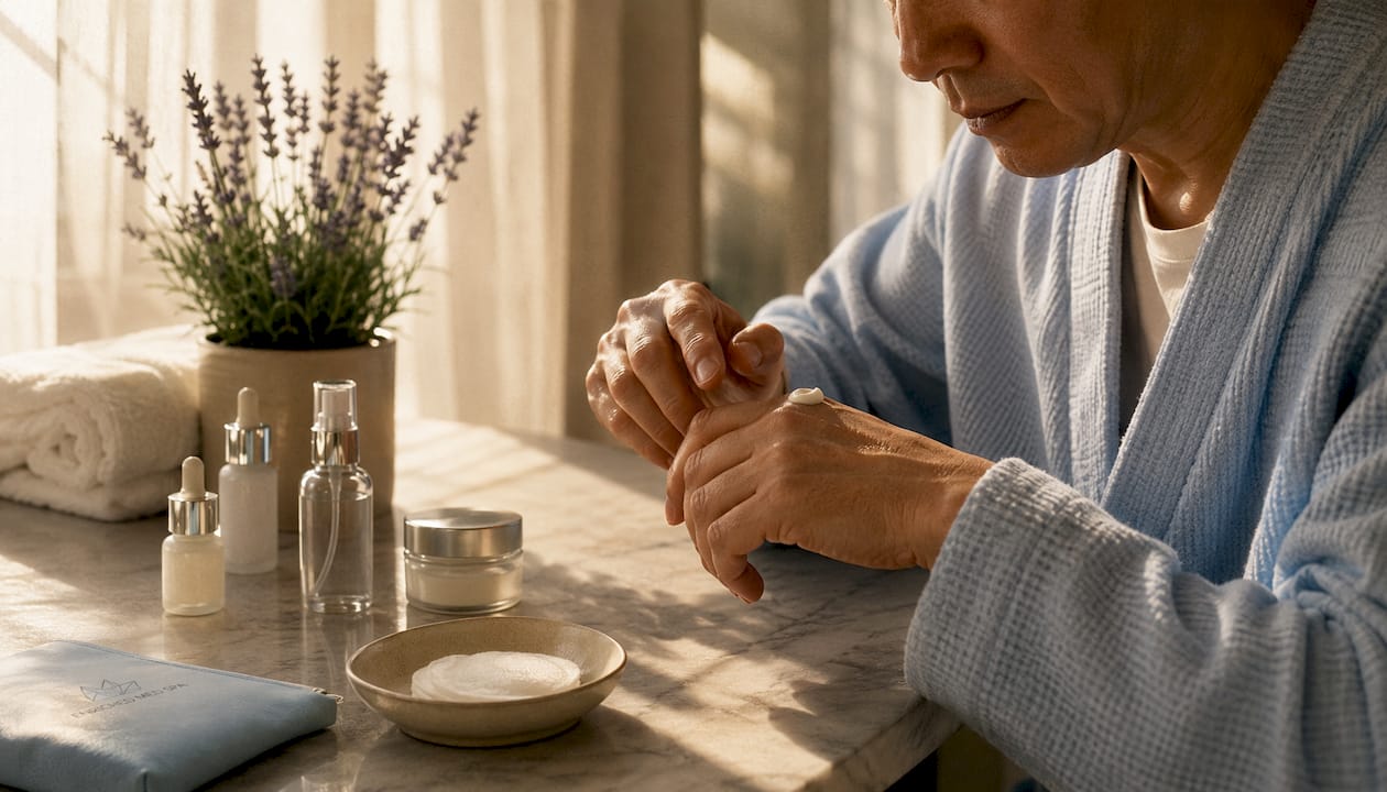 Elderly man applying topical anti-aging product at home