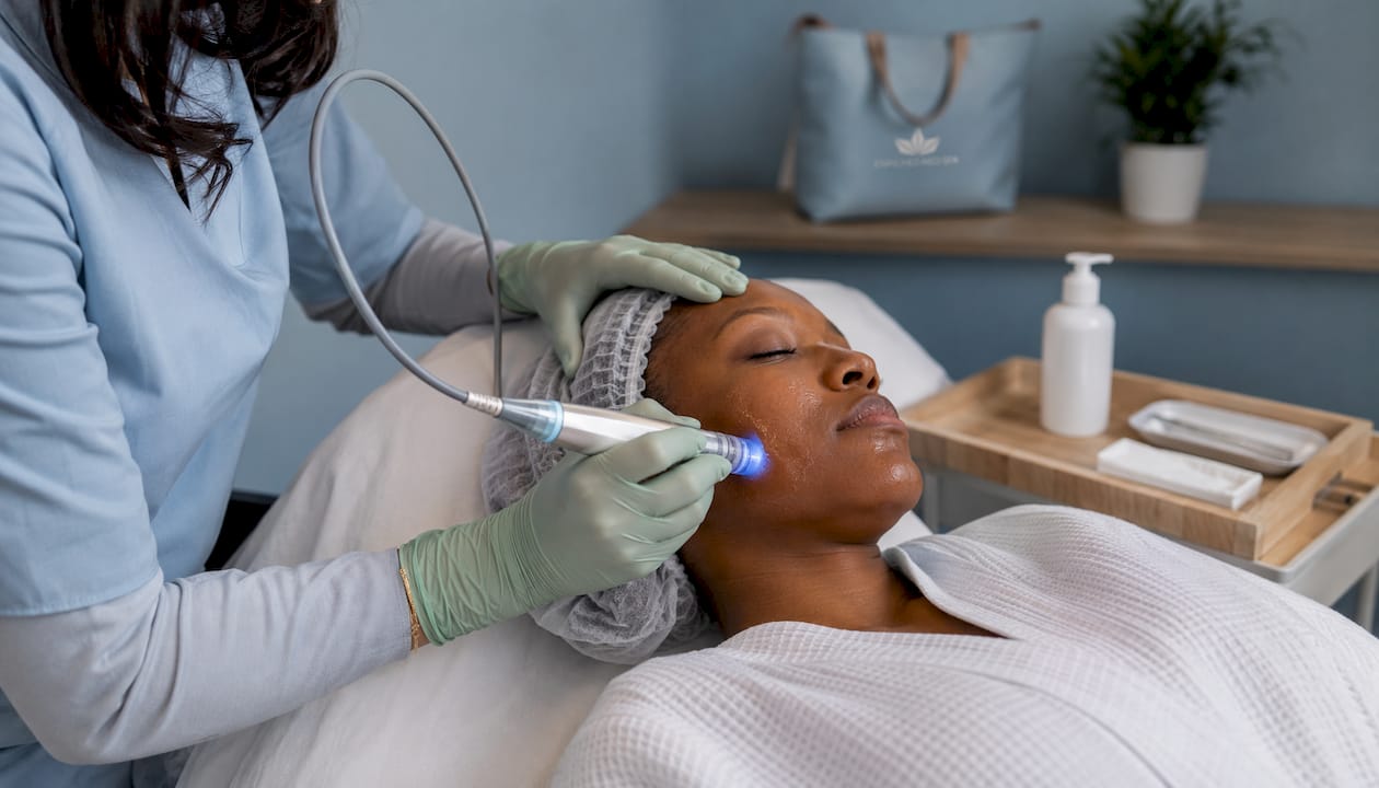 RF microneedling treatment on cheek close-up