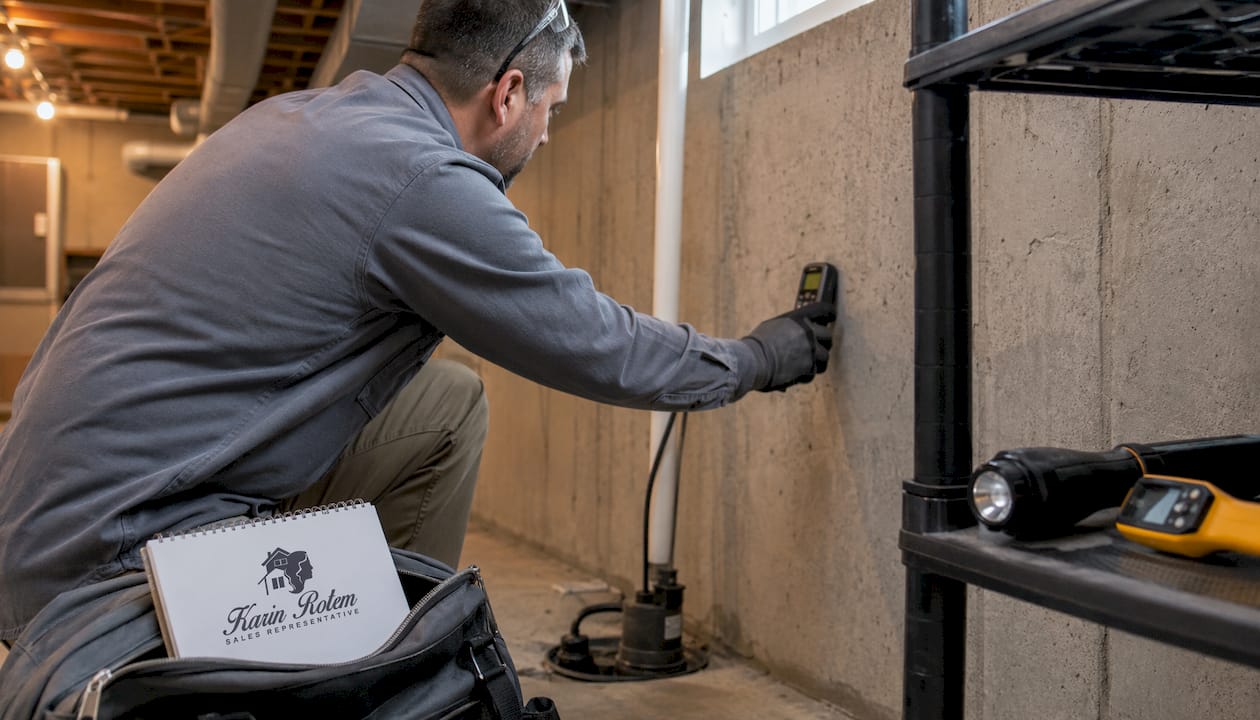 Contractor inspecting basement water damage