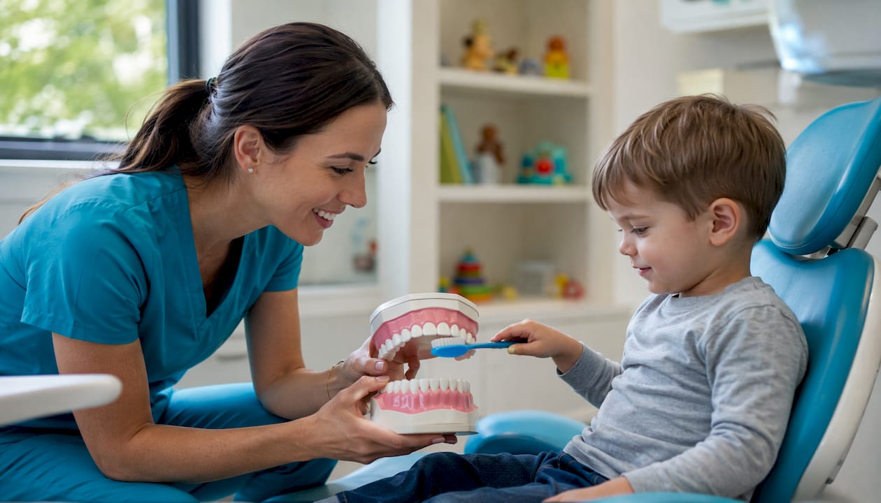 Pediatric dentist teaching toddler toothbrush technique