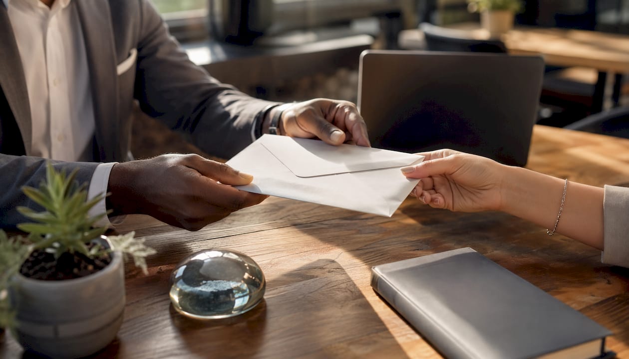 Hands exchanging assignment sale documents
