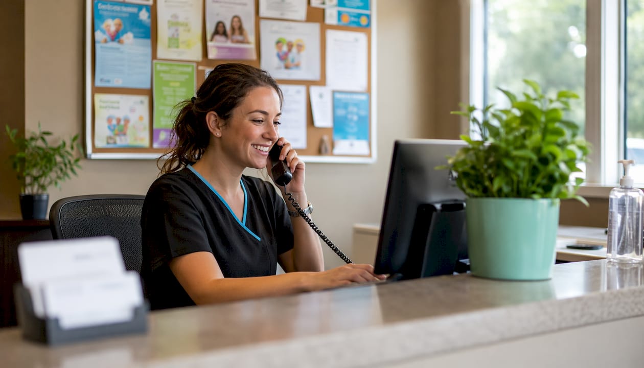 Dental office receptionist answering calls