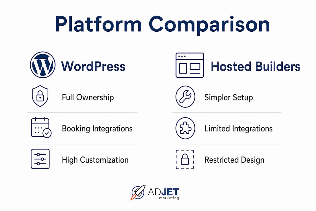 Infographic comparing WordPress and hosted builders for medspa