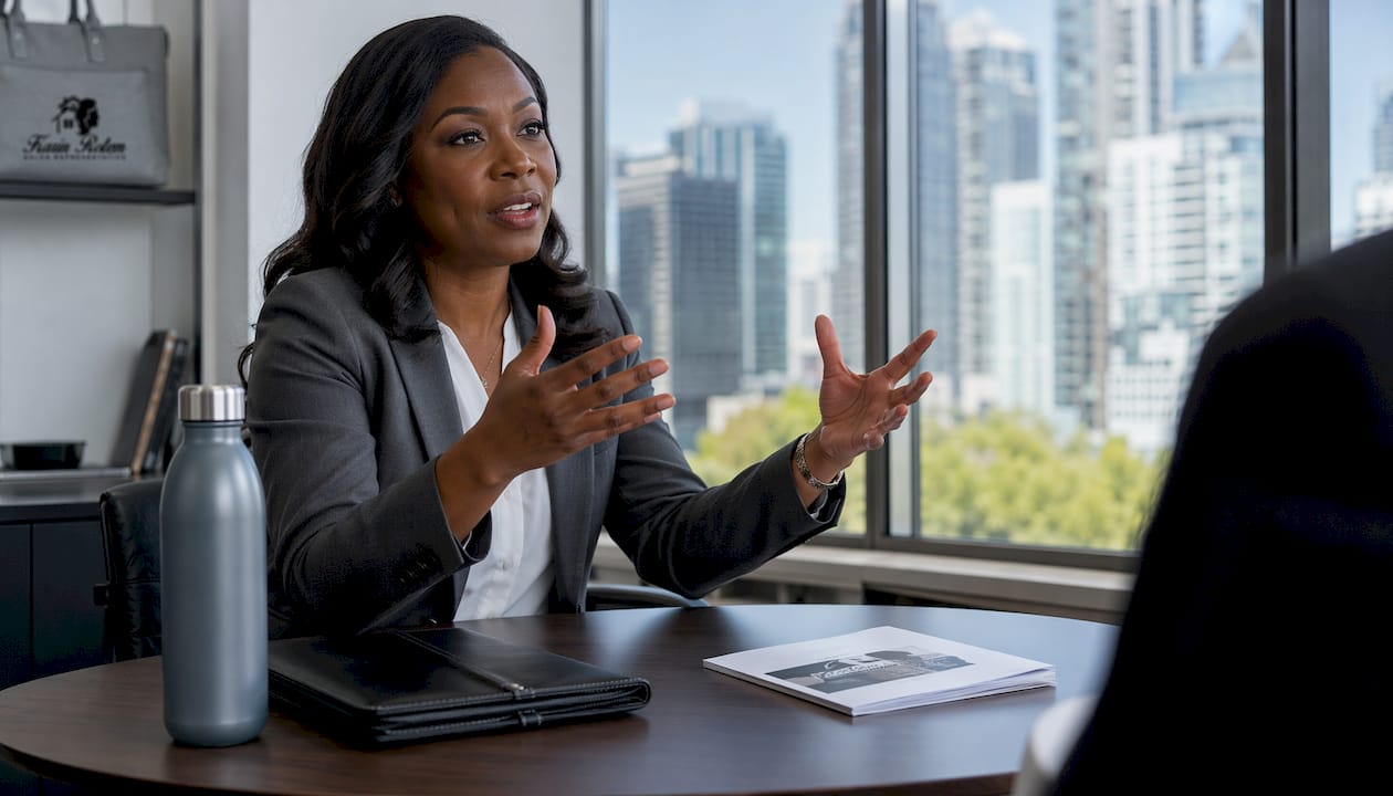 Lawyer explaining title insurance coverage at desk
