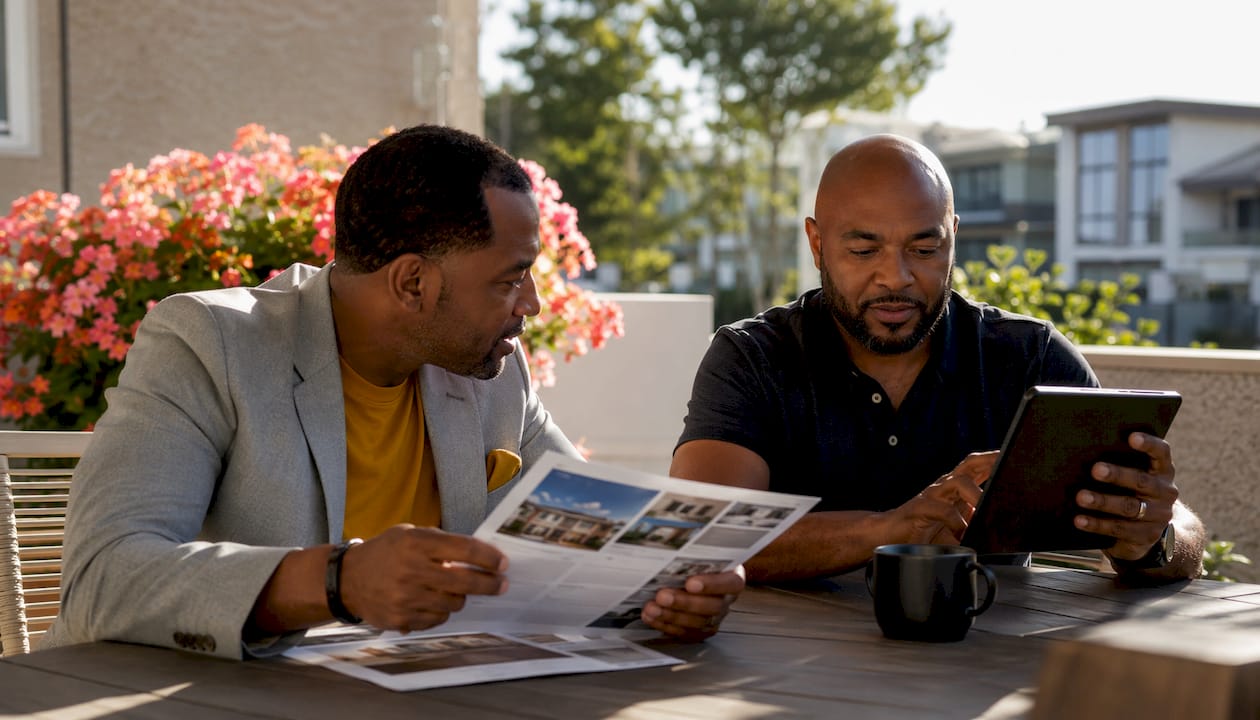 Two men discussing real estate paperwork outside