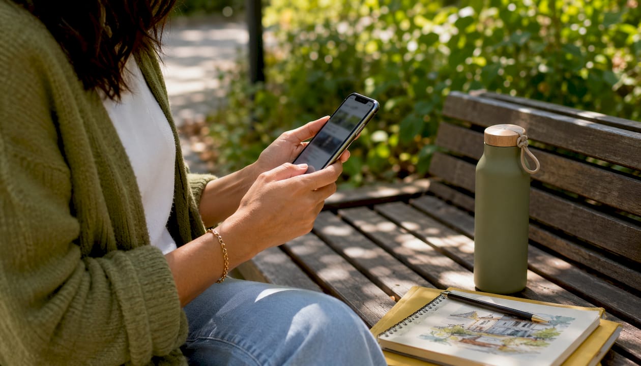 Close-up of hands using real estate app on smartphone