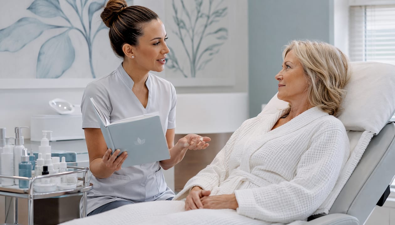 Esthetician consulting client in spa room