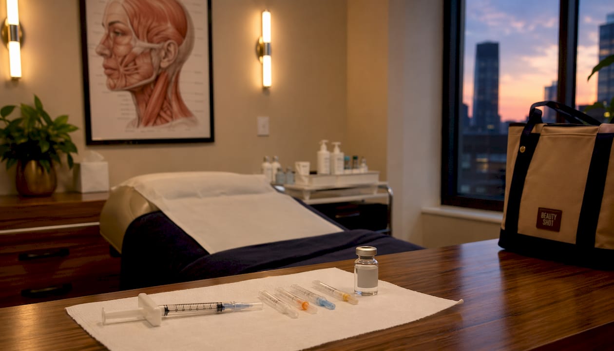 Dermal filler syringe preparation on medical tray