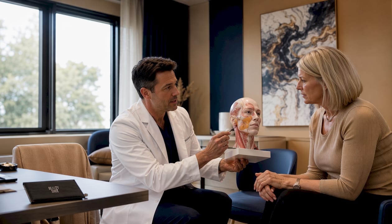 Practitioner explaining filler safety to patient