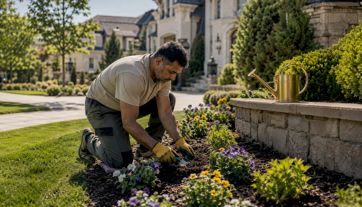 Man trimming bushes on luxury home lot