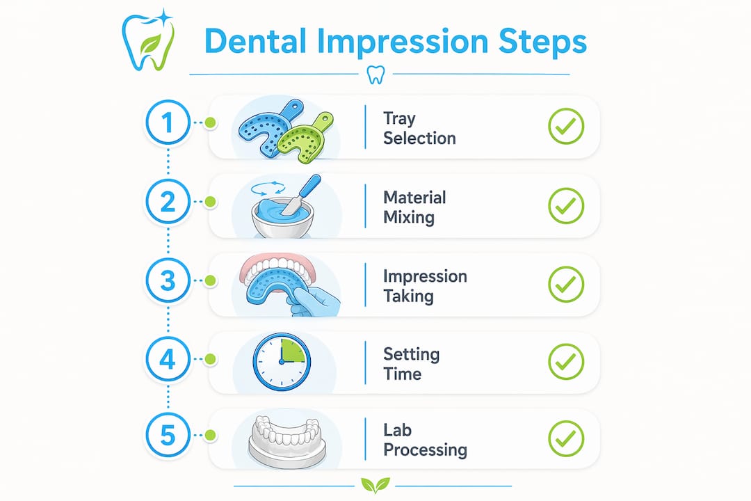 Infographic illustrating dental impression steps from start to finish