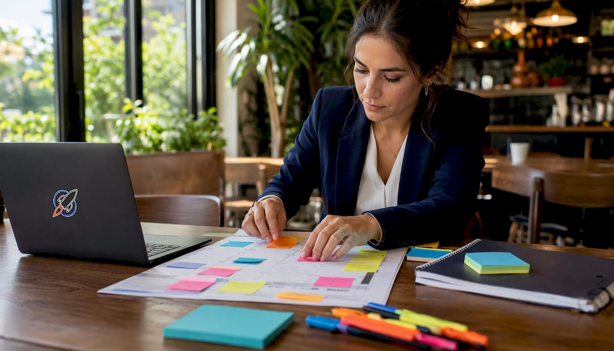 Woman planning content calendar in library