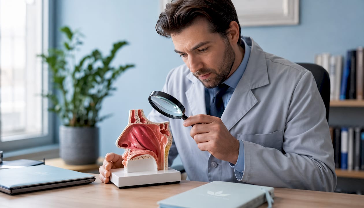 ENT doctor showing nasal anatomy and inflammation