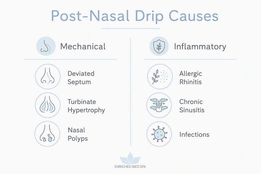 Infographic comparing mechanical and inflammatory causes of post-nasal drip