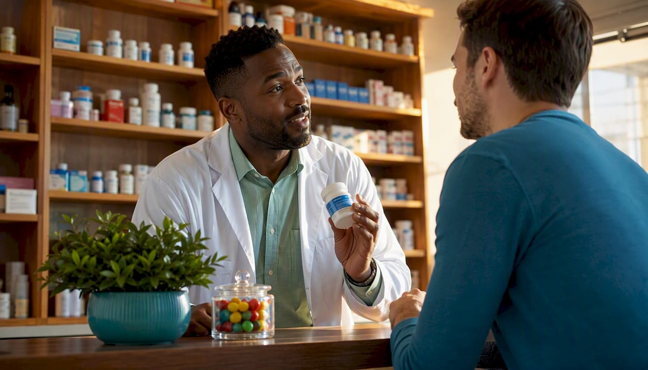 Pharmacist recommending dental pain medication