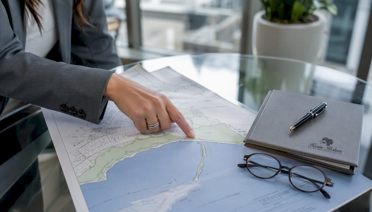 Close-up legal map showing waterfront access easement