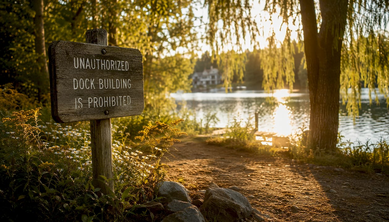 Sign warning of access limits at private waterfront