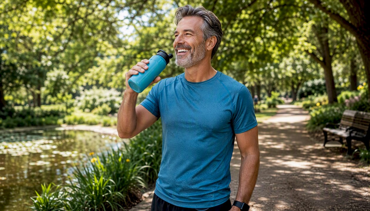 Man drinking water outdoors in city park