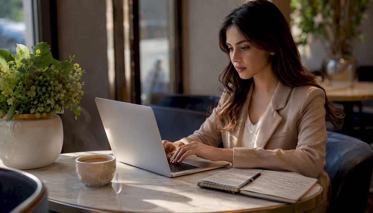 Woman researching med spa consultation at home