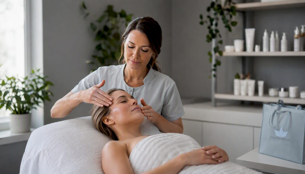 Aesthetician applying facial serum during treatment