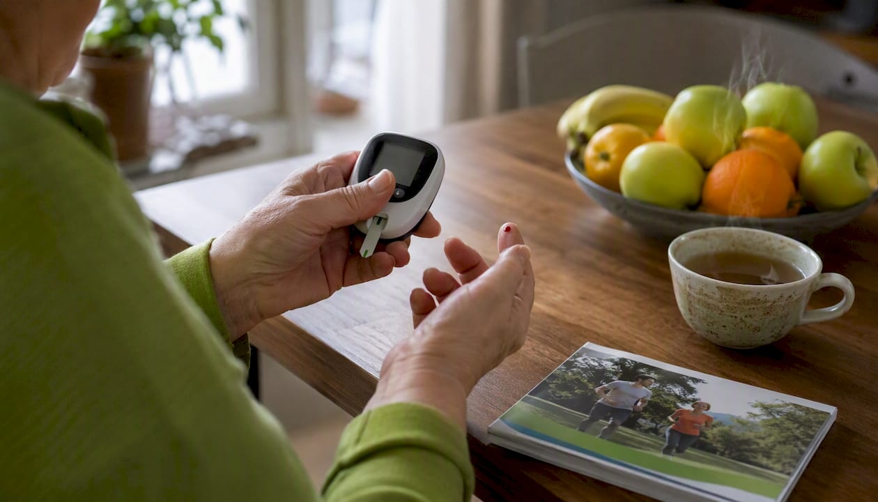Hands monitoring blood glucose after injection