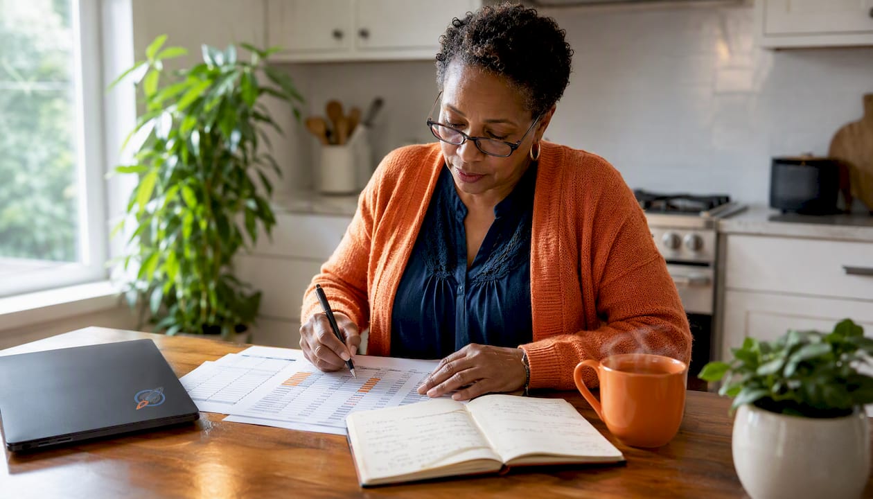 Woman reviewing SEO keyword research documents