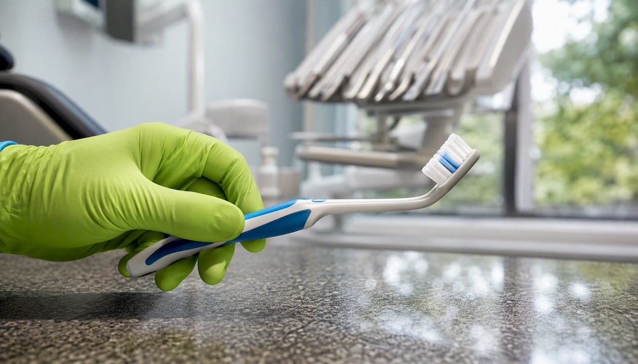 Hand holding angled toothbrush handle in dental clinic